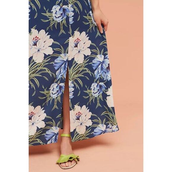 Anthropologie d.RA Maxi Dress Santorini Floral Tropical Boho Blue Cream Size L - Picture 3 of 13